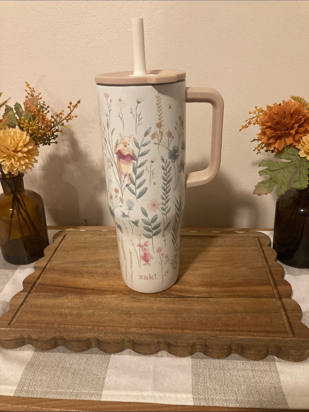 Zak! Floral Winnie the Pooh Pink Travel Mug with Straw